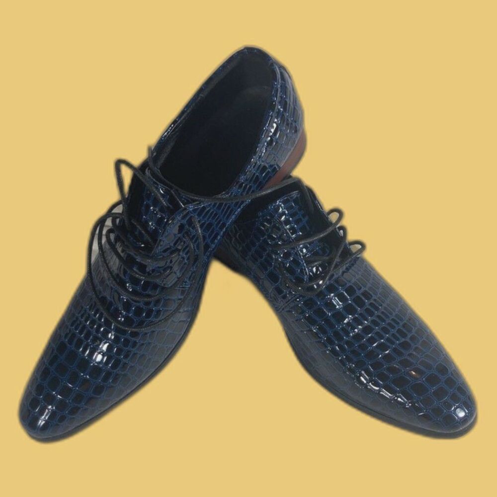 Castelleonne Shiny Faux Crocodile embossed Men NEW Blue Dress Shoes Size 39 US 6